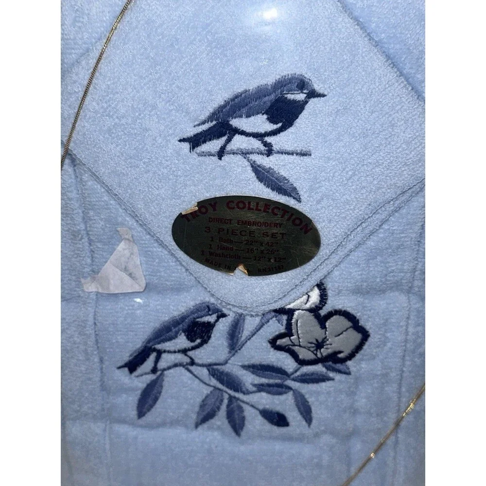 Vintage Troy Collection 3 Pc Blue Bird Floral Embroidered Towel Set NOS USA
